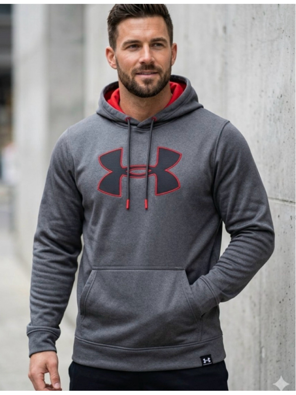 Under Armour Men's small Charcoal Gray Hoodie with Red accents and Logo 1554
